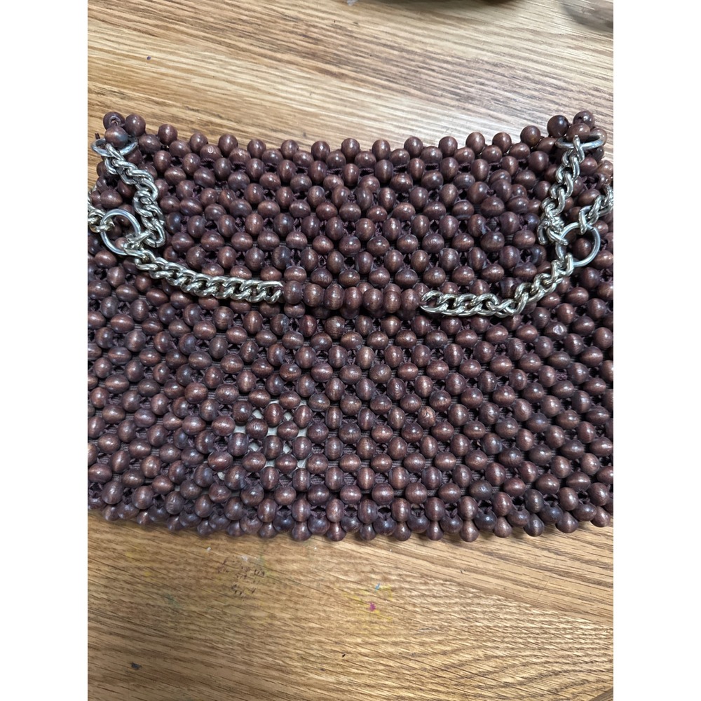 Gaymode Vintage Brown Wood Bead Purse Made in Japan Silver Chain Strap Purse 60s